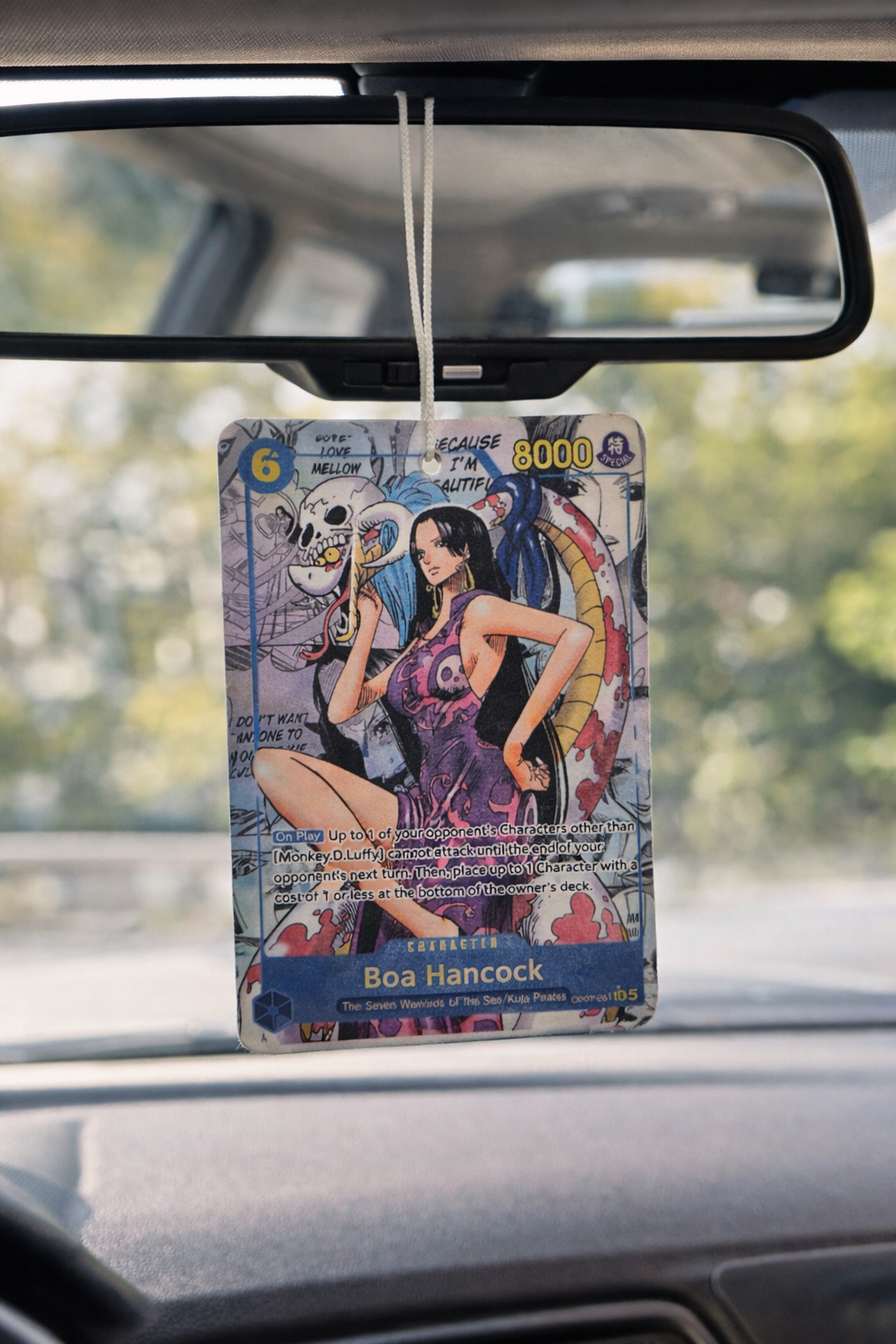 air freshener featuring boa hancock manga from One piece series on a white backgrounding 
