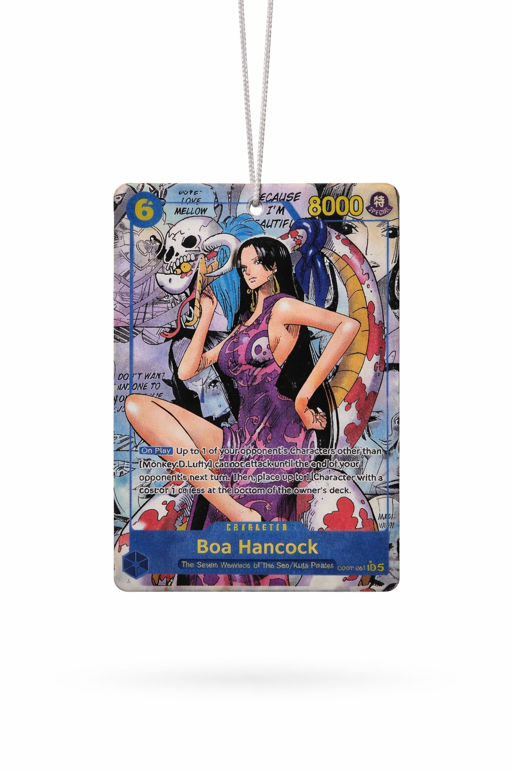 air freshener featuring boa hancock manga from One piece series on a white backgrounding 