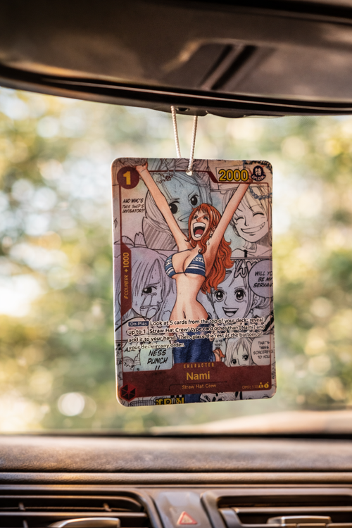 air freshener featuring nami manga from One piece series on a white backgrounding 