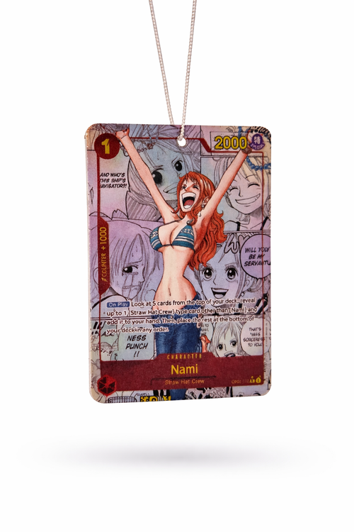 air freshener featuring nami manga from One piece series on a white backgrounding 