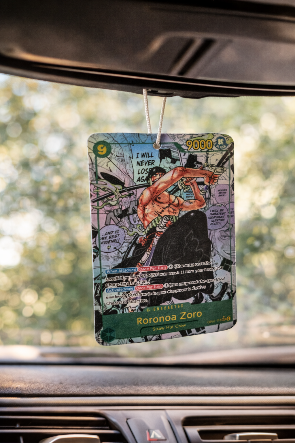 air freshener featuring roroanoa zoro from One piece series on a white backgrounding 