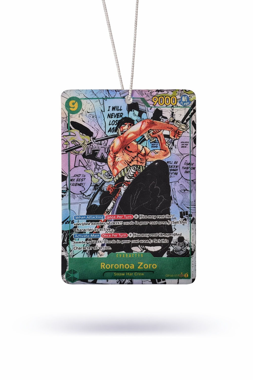 air freshener featuring roroanoa zoro from One piece series on a white backgrounding 